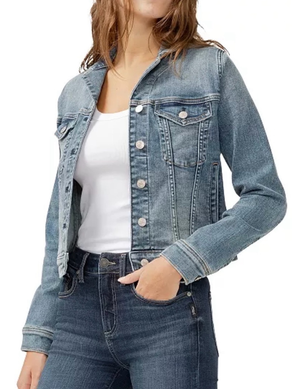 Silver Jeans Co. Medium-Wash Denim Jean Jacket Size Large Distressed